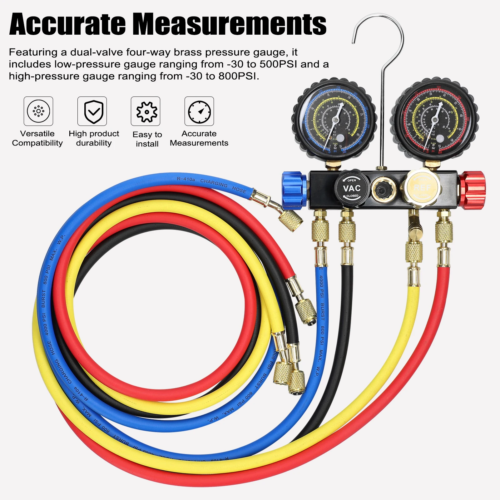 Manifold Gauge Set Air Conditioning Refrigerant Charging Tool 4-Way Dual-Value Pressure Gauge for R22/R134a/R410a Refrigerant