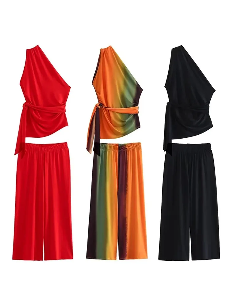 

TRAF 2023 Summer New Women's Fashion Suit Printing Tie-Dye Bow Decoration Asymmetric Top High Waist Wide Leg Pants