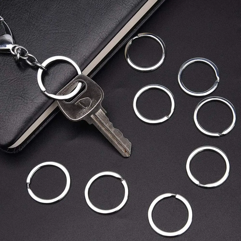 Aço inoxidável polido buraco chaveiro plana, banhado a ródio, rodada Split Keychain, DIY, atacado, 10-50Pcs