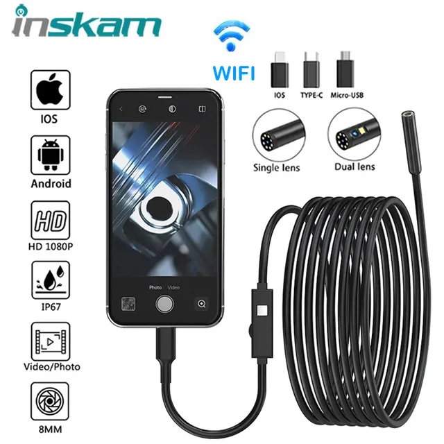 2MP Endoscope Camera IP67 Waterproof 8 MM Hard Wire Pipeline Inspection Borescope With 8 Adjustable LED For IOS Iphone Android 1