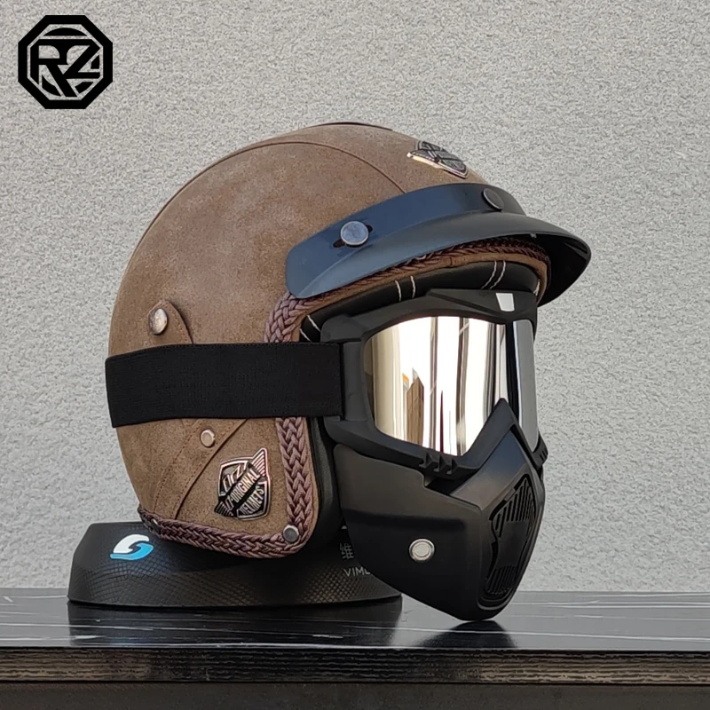 ORZ New PU Leather 3/4 Retro Cruising Motorcycle Helmet Summer Scooter Half Helmet with Mask Windshield DOT Approval
