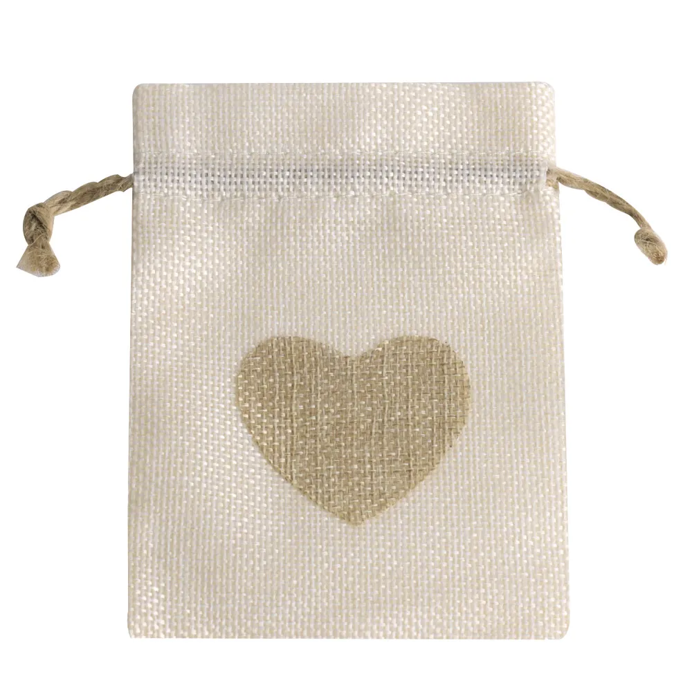 10 stücke Herz Flachs Verpackungs beutel 8x10cm 10x14cm 13x18cm Baumwolle Leinen Weihnachts feier Hochzeit Sac kleinen Kordel zug Geschenk beutel – Detail 3