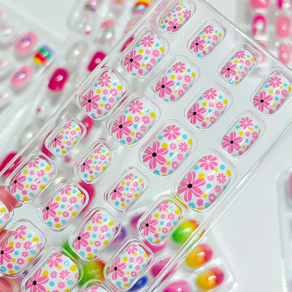 192개 레인보우 포니 귀여운 소녀들을 위한 프레스온 네일, 화려한 데이지 플라밍고 유니콘 가짜 손톱, 10-16세 어린이용 DIY 인조 손톱