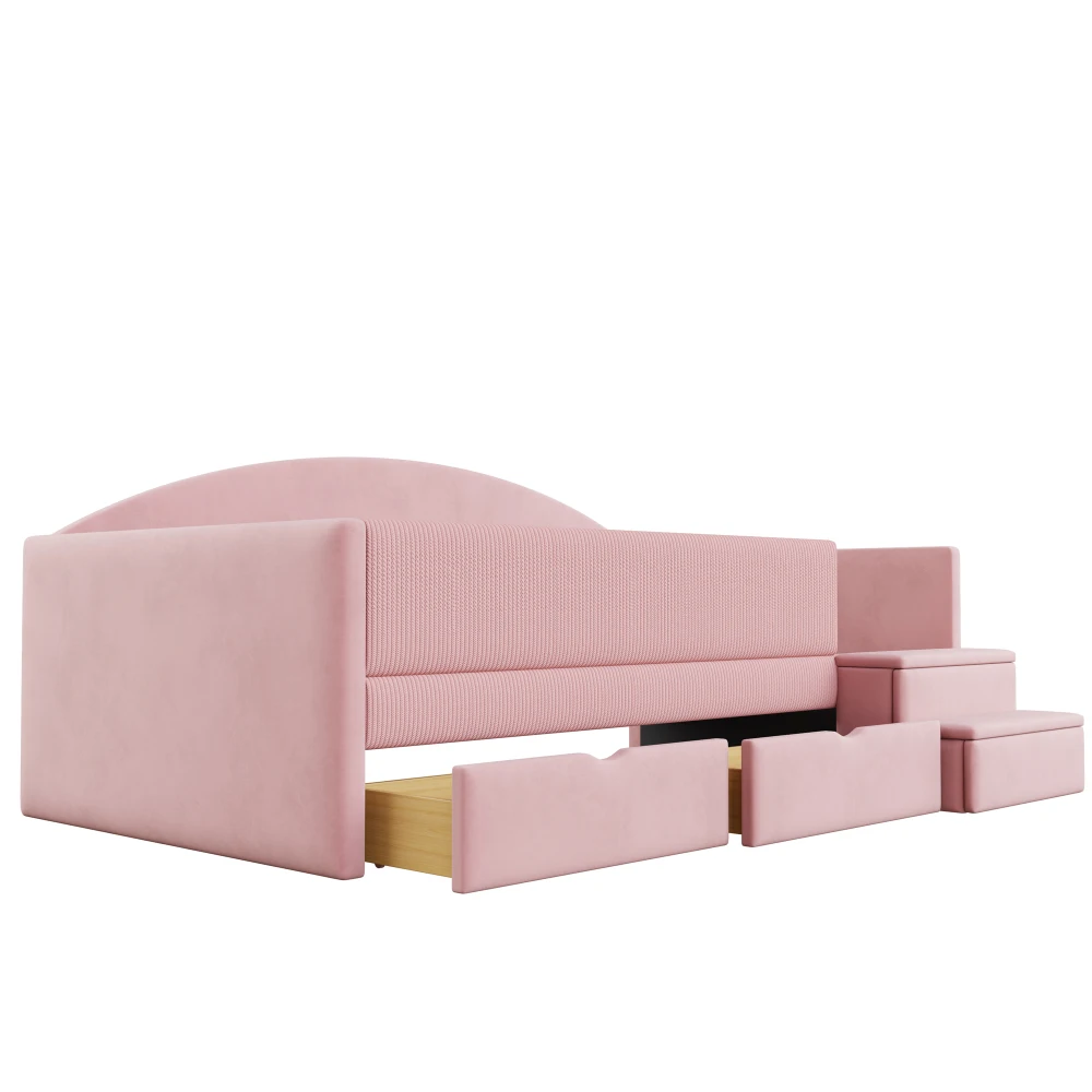 90*190cm gepolstertes Schlafsofa, Multifunktionsbett, mit 2 Schubladen, Zaunen und Stufen, hautfreundlicher Samtstoff, ohne Matratze – Detail 7