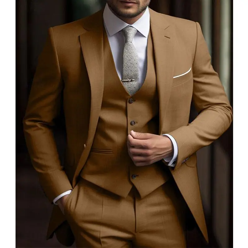 Men's Solid Color Slim Fit Formal Business Suit Wedding 3-Piece Set with Notch Lapel Blazer Vest And Trousers for Party Prom