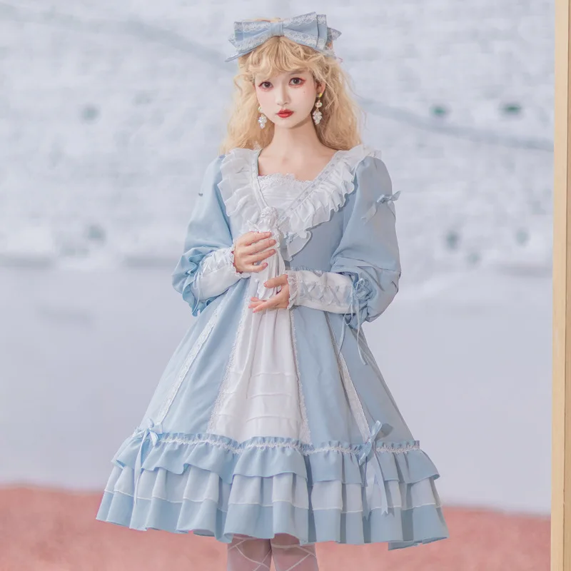 

Lolita One Piece Dresses Girls Kawaii Miads Princess Sweet Blue Dress Autumn Women Japanese Harajuku Cute Cosplay Costume Dress