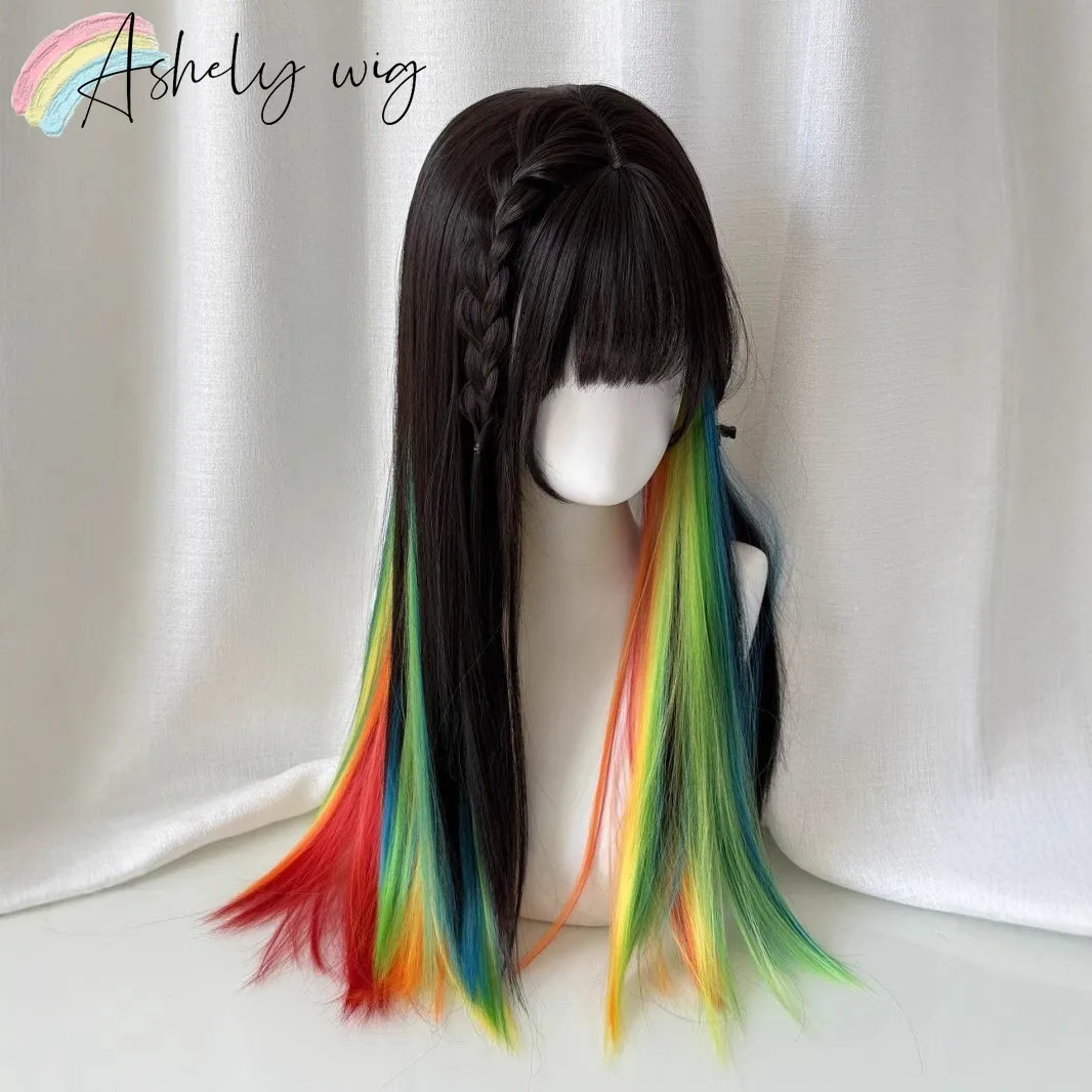 Ashely Colorful Wigs with Bangs 24inch Y2K Lolita Nature High Temperature Fibers Headband Synthetic Wigs for Cosplay Daily Use