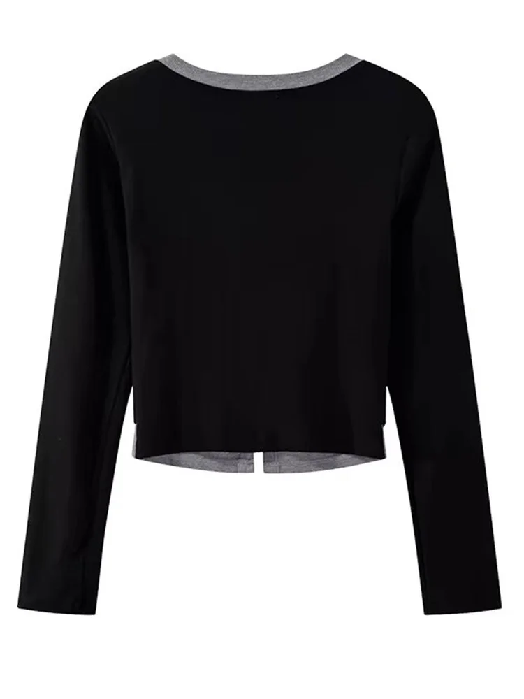 New Women's Fake Two-piece Bow Decorative Long-sleeved T-shirt Retro Casual Single-breasted Top