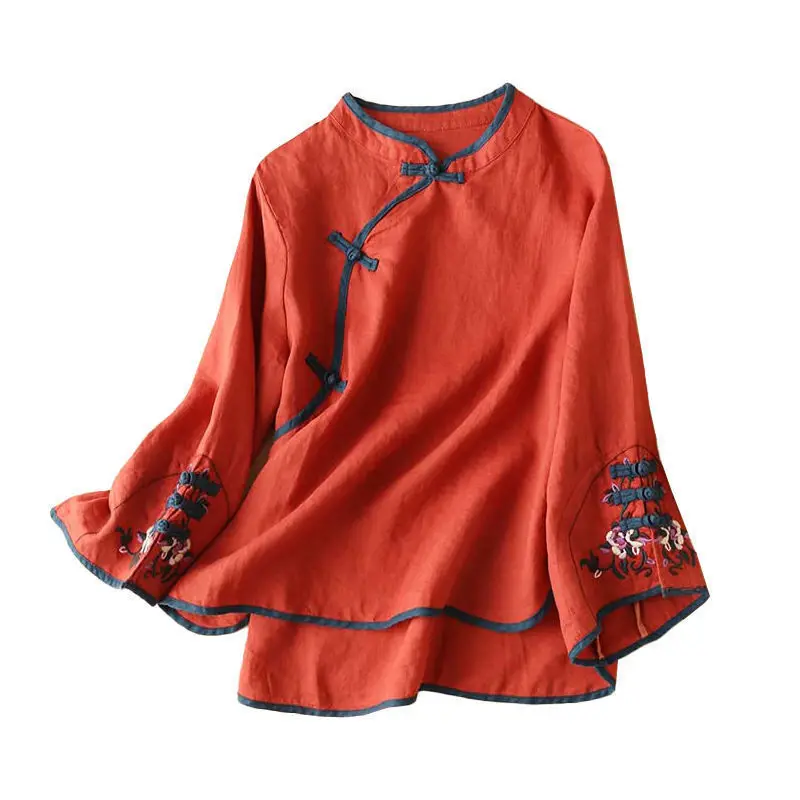 Chinese Traditional Tang Suit Blouse Women Embroidery Cotton And Linen Oversize Long Sleeve Ladies Casual Top Hanfu Cheongsam