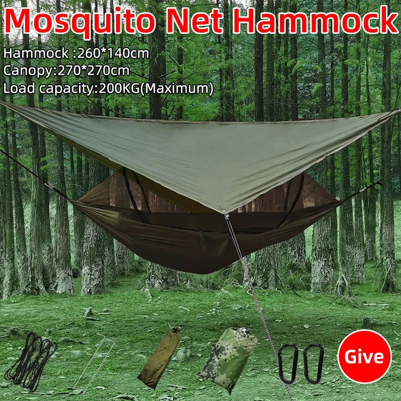 

Camping Hammock with Mosquito Net&Rainfly Tent Tarp Outdoor Lightweight Portable Double Person Hammock 260*140cm nylon material