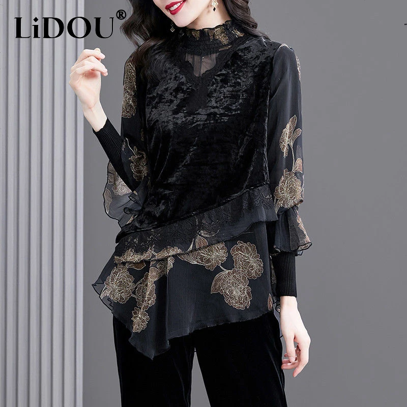 Spring Autumn Elegant Fashion Lace Patchwork Ruffles Blouse Ladies Long Sleeve Temperament Top Women Loose Casual Pullover Shirt spring summer thin sexy sweet tops blouses stand collar temperament button printing patchwork ruffles women s clothing loose