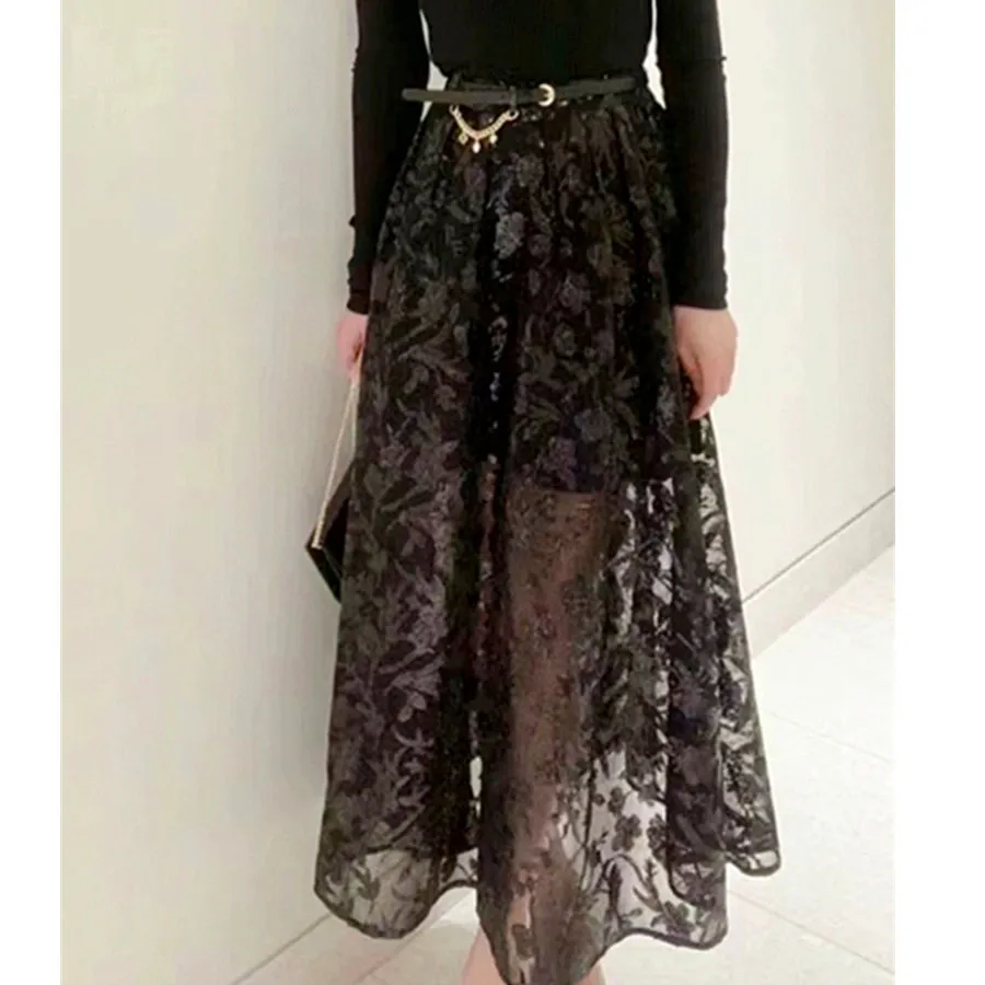 

Spring New 2024 Women Embroidery Sequin A-Line Midi Skirt Casual High Waist Solid Color Ladies Pleated Long Jupe