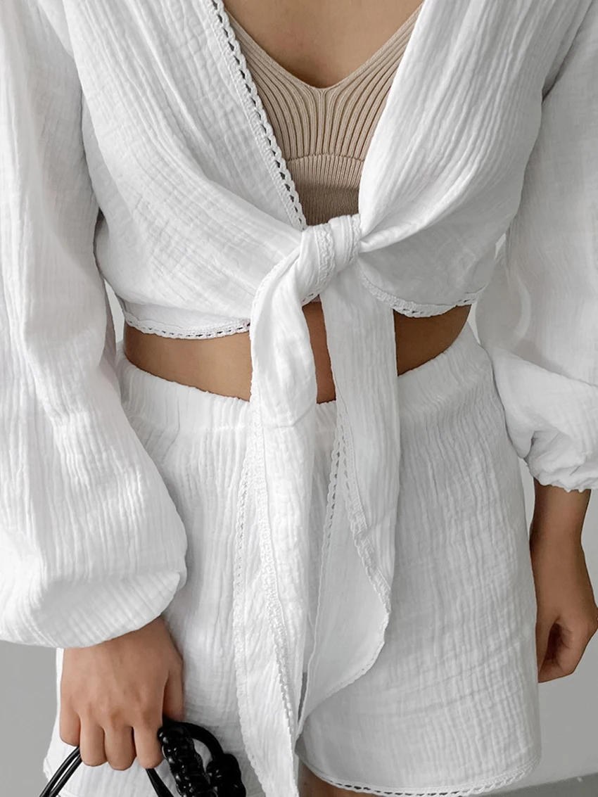 Marthaqiqi Sexy Women'S Pajamas Suit V-Neck Sleepwear Lace Up Nightwear Long Sleeve Nightgowns Shorts Cotton Nightie 2 Piece Set
