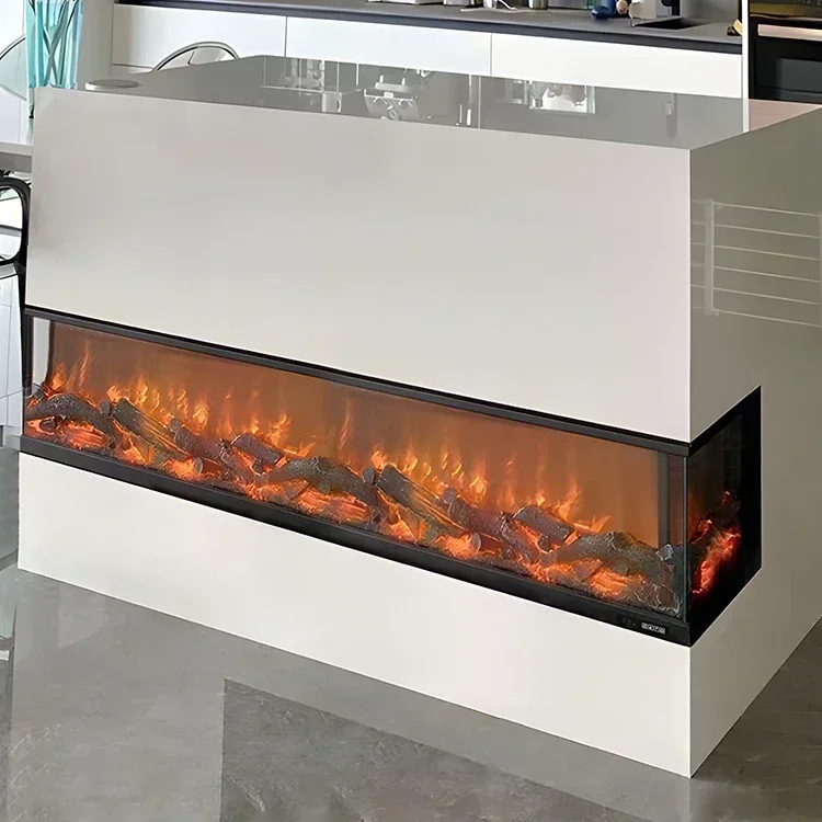 Indoor Modern Home Surround 3-Sided Glass 150CM/60 Inch Stoves with Most Realistic Natural Decor Fire Digital Electric Fireplace