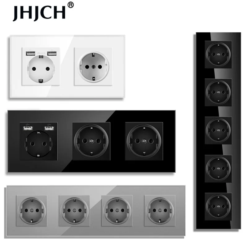 JHJCH คริสตัลกระจกนิรภัยแผง 2,3 ,4Gang Power Wall SOCKET Grounded 16A EU มาตรฐานไฟฟ้า Triple Outlet 1