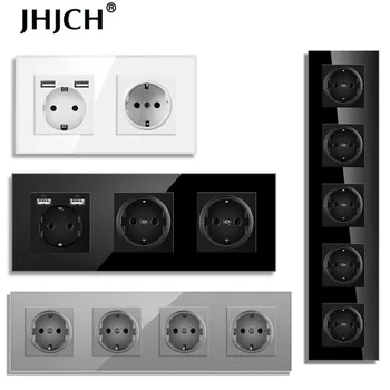 JHJCH คริสตัลกระจกนิรภัยแผง 2,3 ,4Gang Power Wall SOCKET Grounded 16A EU มาตรฐานไฟฟ้า Triple Outlet 1