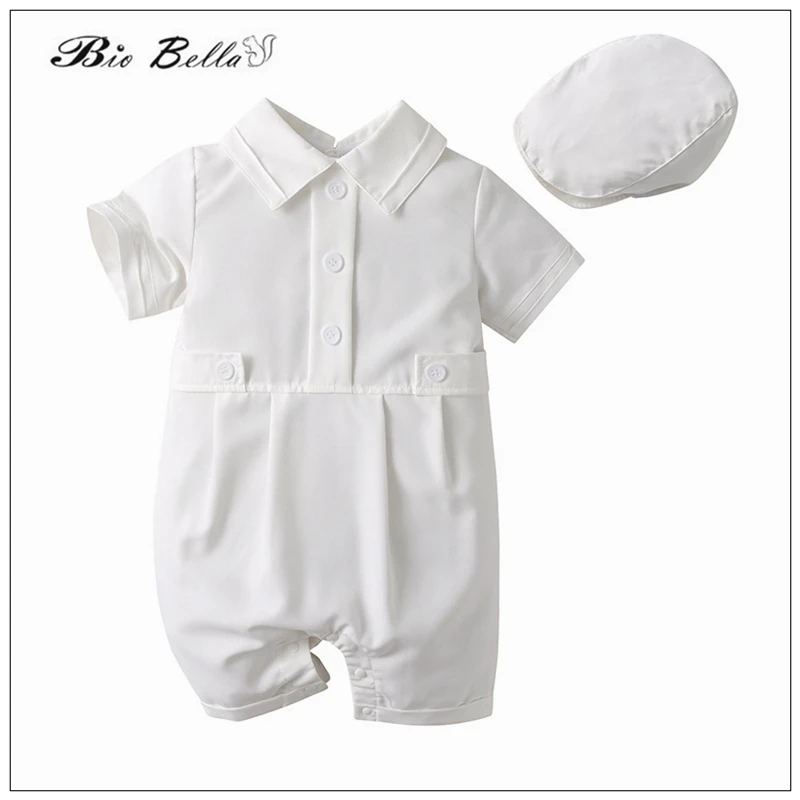 

Newborn Boys First Baptism Birthday 3-24M Romper 100% Cotton Short Sleeve Newborn Handsome Cap Infantil Overalls Soild Clothing