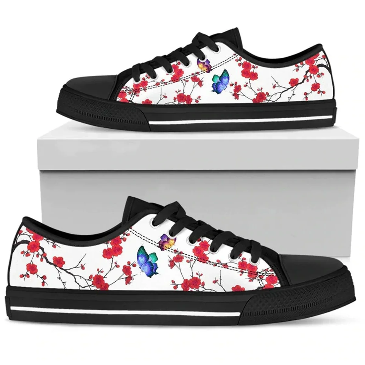 Saqura Flower Blue Butterfly Prints Kawaii Canvas Shoes For Women Sweet Summer Zapatillas Mujer Fashion Students Daily