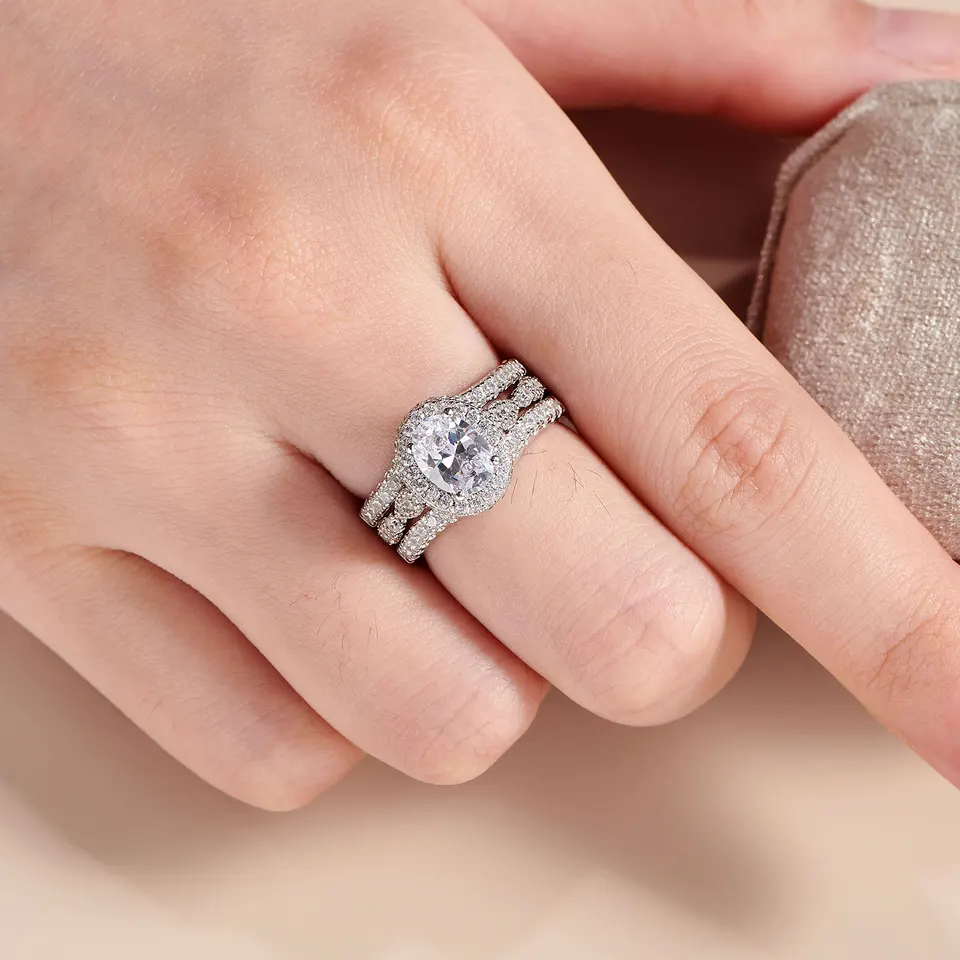 Oval Cut 925 Silver Engagement Ring Set for Women