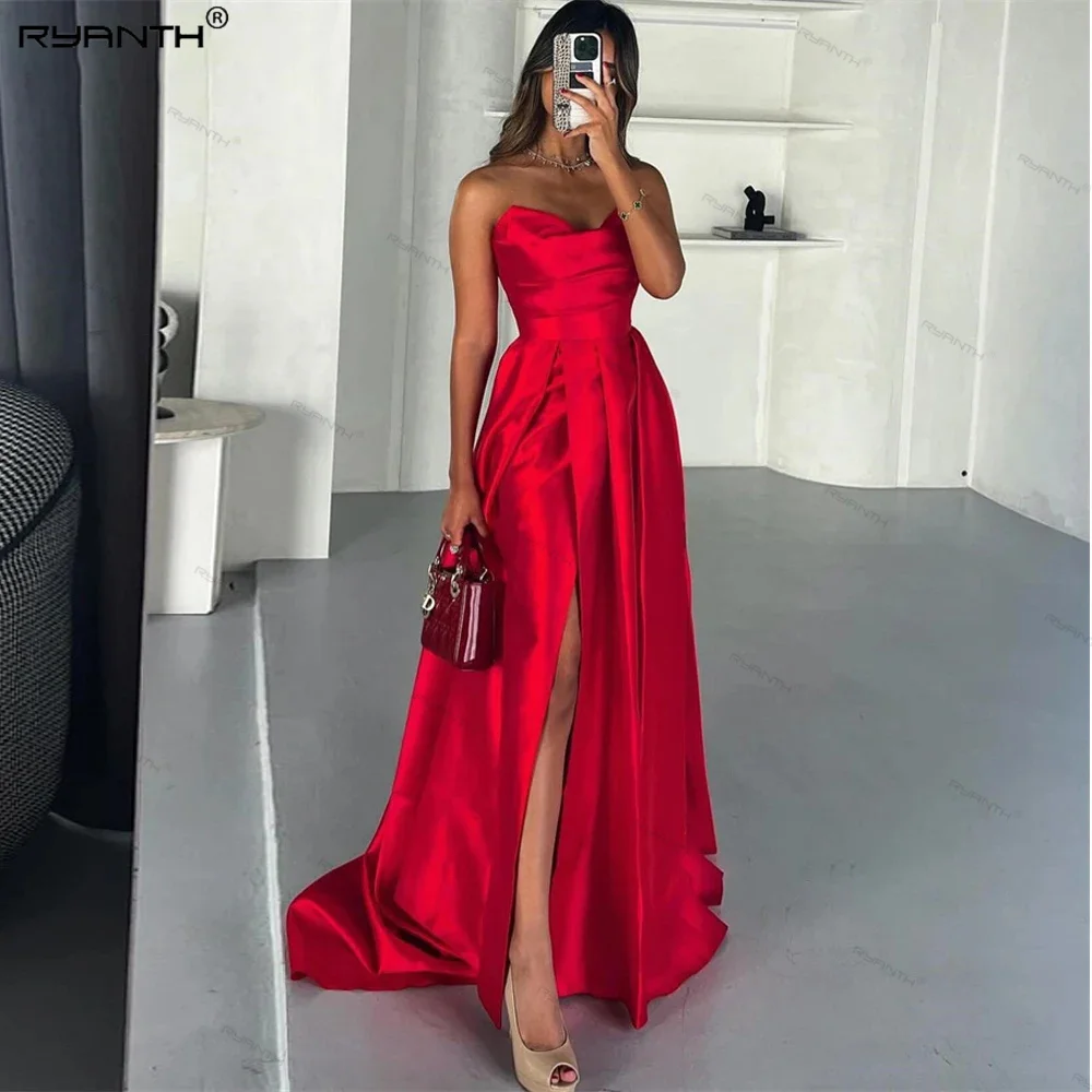 

Ryanth Women Red Satin A Line Long Evening Dresses Strapless Formal Party Gowns Special Occasion Prom Gowns Vestidos De Festa