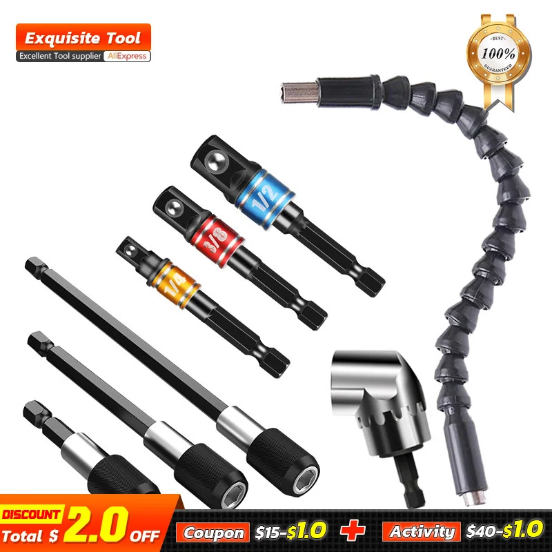 

4pcs Power Tool Set 1/2 1/4 3/8 Universal Sleeve Connecting Rod Flexible Shaft Hose Screwdriver 105 Degree Angle Screwdriver