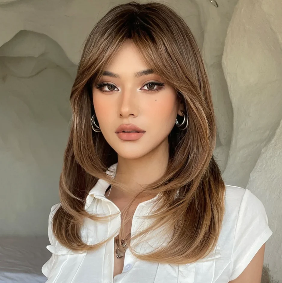 13&times;4 Darker Brown With Bangs Wig Dark Roots Lace Front Wig Layered Synthetic Free Middle Part High Quality Heat Resistant