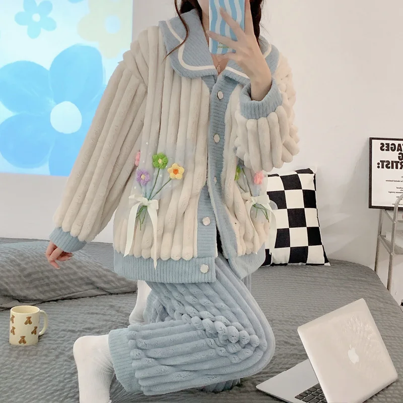 

Новинка, Женский пижамный комплект, зимняя эластичная утолщенная теплая Фланелевая Пижама для отдыха, комплект с вышивкой, Женская домашняя одежда с длинным рукавом для девочек