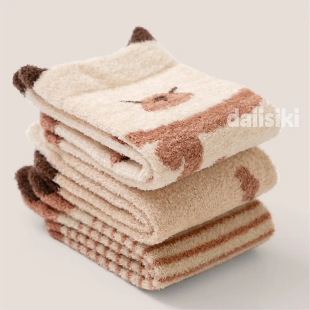 3 Pairs Baby Socks Autumn Winter Coral Fleece Thick Warm Cartoon High Tube Socks Newborn Non-Slip Floor Terry Socks