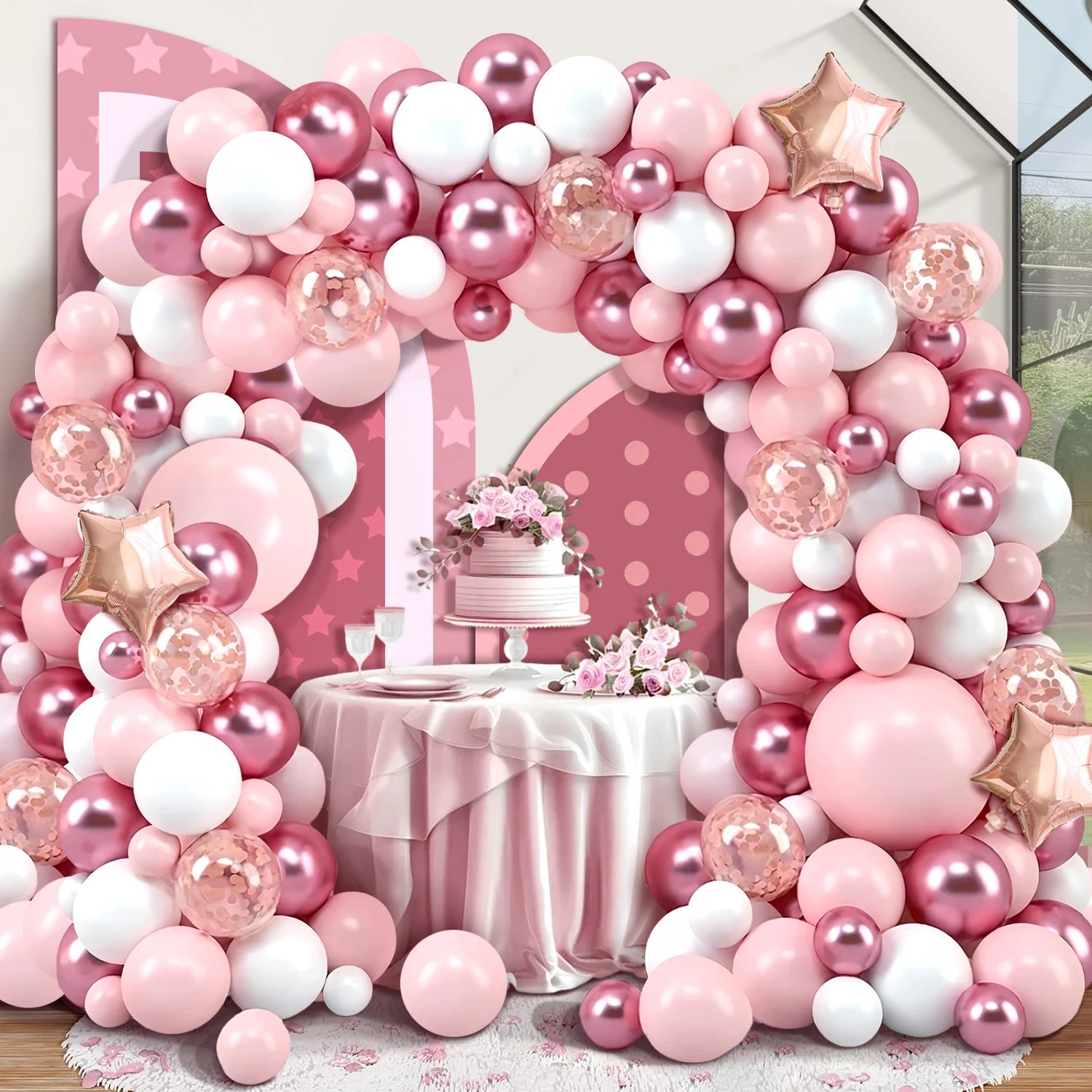 125-teiliges Rosa und Weißes Party-Ballonbogen-Set, mit Roségold Fünfzackigen Stern-Aluminiumfolienballons und Glitzerballons
