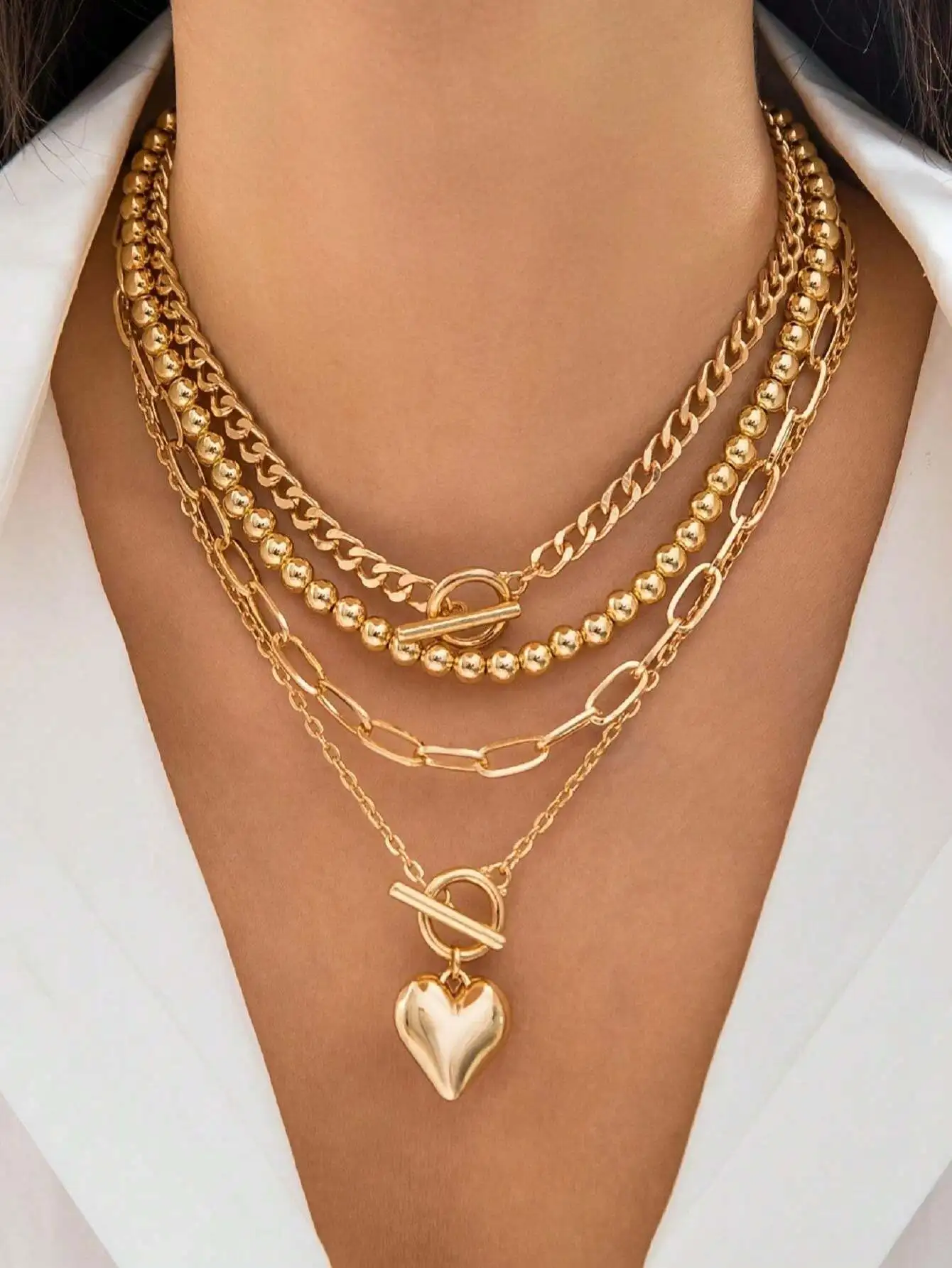 4pcs Vintage Necklaces, Heart Pendant Necklace Zinc Alloy Neck Chain, Simple OT Clavicle Necklace For Women