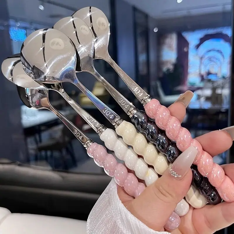 304 Stainless Steel Spoon Girl Pearl Five-color Imitation Ceramic Handle Spoons Household Long Handled Dining Spoon Hot