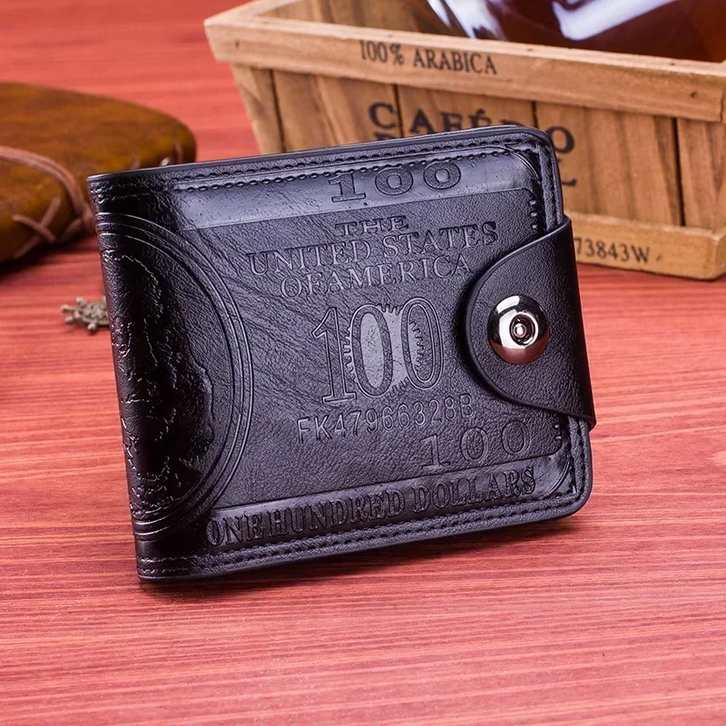 Mens Leather Wallet - 100 Dollar Pattern Zipper Coin Pocket Card Holder