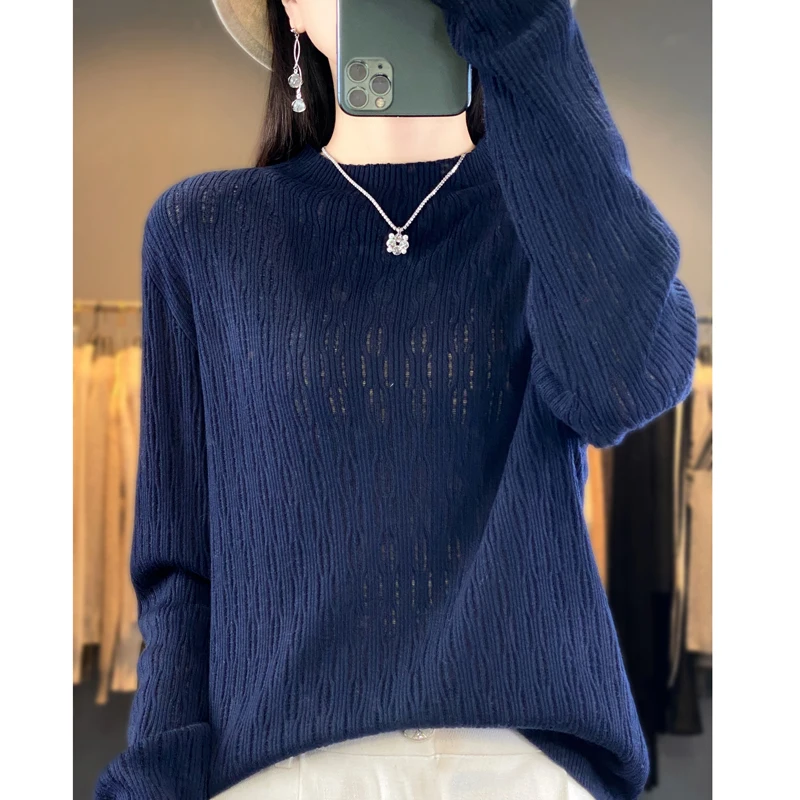 

Autumn Winter New Knitwear Women's Half High Neck Long Sleeve Pullover Fine Lmitation Wool Solid Color Loose Hollow Out Knitwear