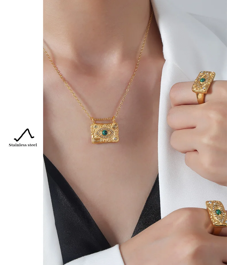 Marka Edelstahl Anhänger Halskette quadratischen Ring Frauen glänzenden Zirkon Schmuck Zubehör Türkis Hochzeit Set – Detail 17