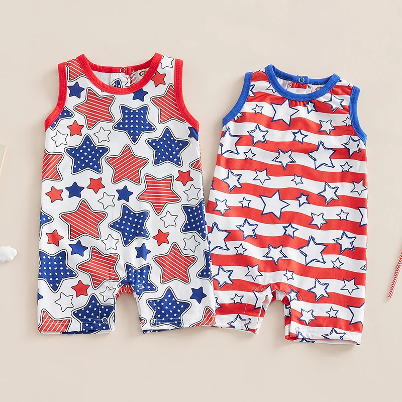

Lamuusaa 4th of July Baby Girl Boy Outfit Short Sleeve Cute Star Romper Tank Top Jumpsuit Summer Clothes for Casual Daily