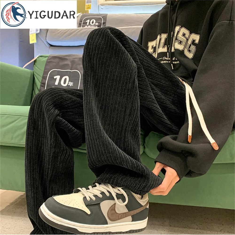 

Fall Fashion Corduroy Pants Men Leisure Solid Color Ribbed Design Drawstring Straight Pants Streetwear Men's New Casual Trouser