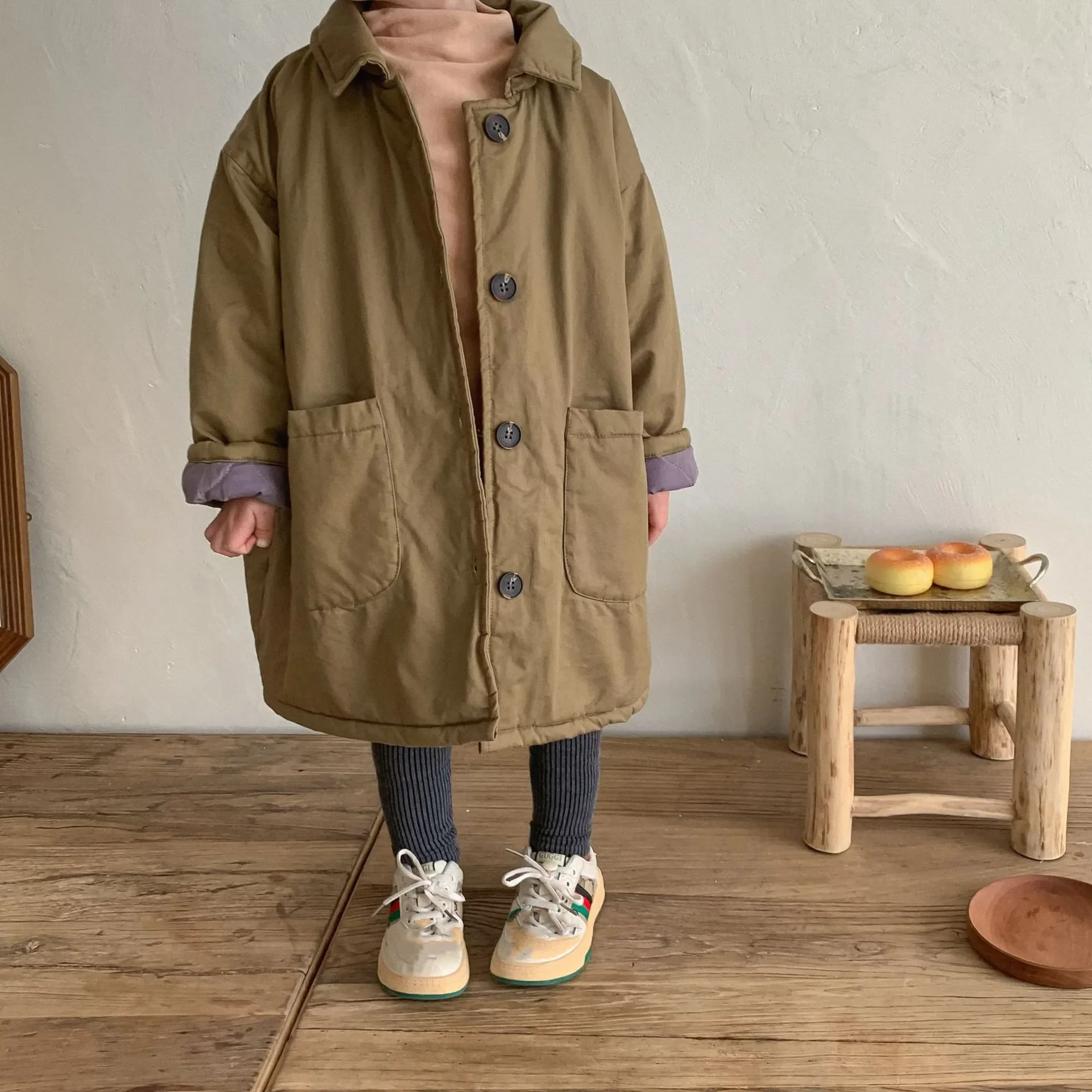 Korean Style New Winter Children Long Cotton Padded Coats Warm Thicken Solid Color Parkas Unisex Kids Casual Outerwear A170