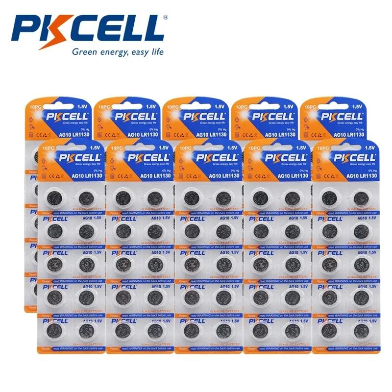 

100Pcs/10card PKCELL Battery Cell 1.5V AG10 Alkaline Button Battery 389 LR54 SR54 SR1130W LR1130 Button Batteries Thermometer