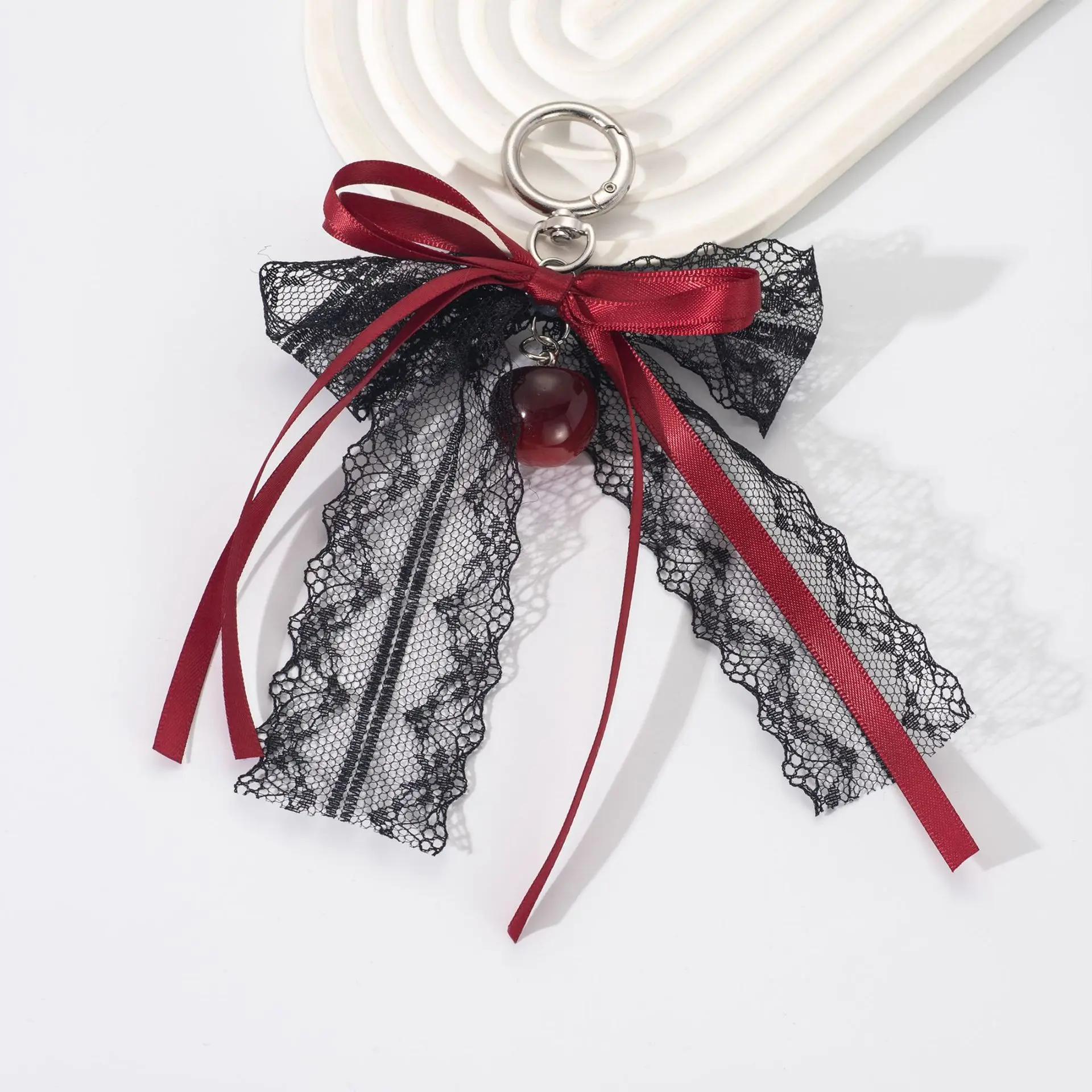 Lace bow Keychain Hollow Red Ribbon Cherry Pendant Women Handbag and Backpack Key Chain Exquisite Ornament Holiday Gift Decor