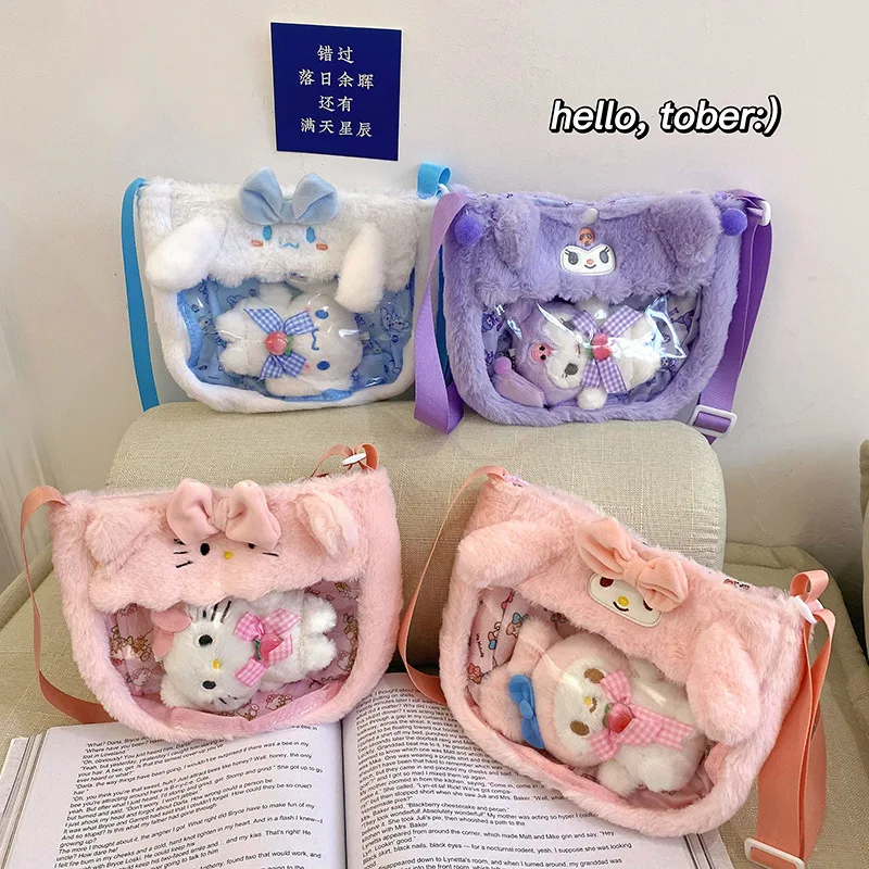 

2024 Sanrio Anime Hello Kitty Crossbody Bag Girl Heart Cartoon Cute Transparent Pvc Children Bag Plush Toy Bag Tide Gift for Kid