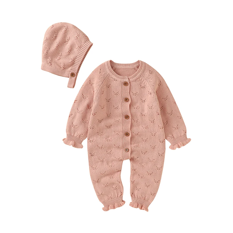 

Baby Rompers Long Sleeve Newborn Babies Girls Cotton Jumpsuits Hats Outfits Sets 0-18m Solid Color Knit Infant Playsuits Clothes