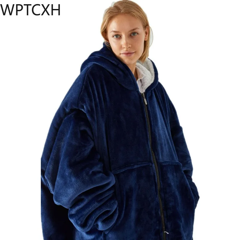 

WPTCXH Autumn Winter Pure Color Flannel Hooded Zipper Thickened Home Wear Hoodie Style Pajamas 2023 New Coral Fleece Nightgown