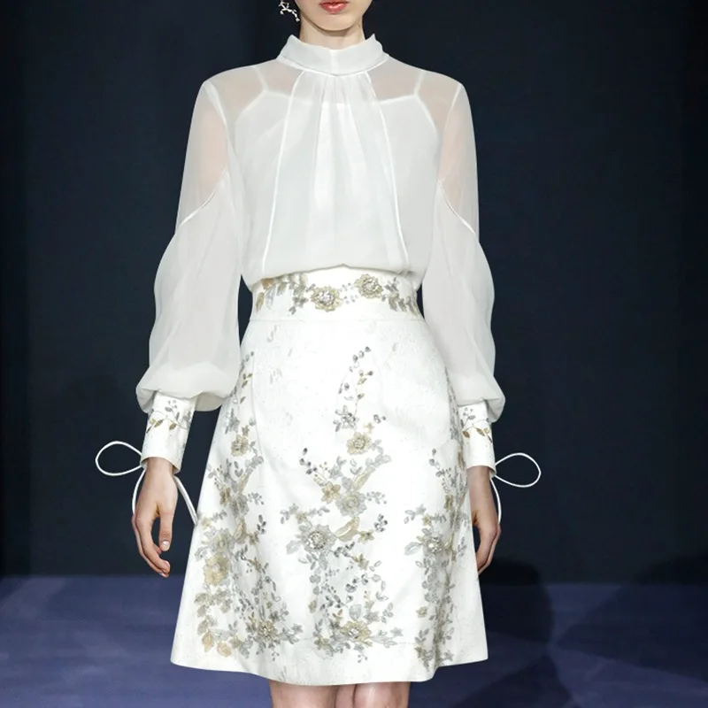 

New Spring Women Elegant Bowknot Collar Shirt + Flower Embroidery A-Line Beading Skirt Suit Set Office Lady Chiffon Blouse