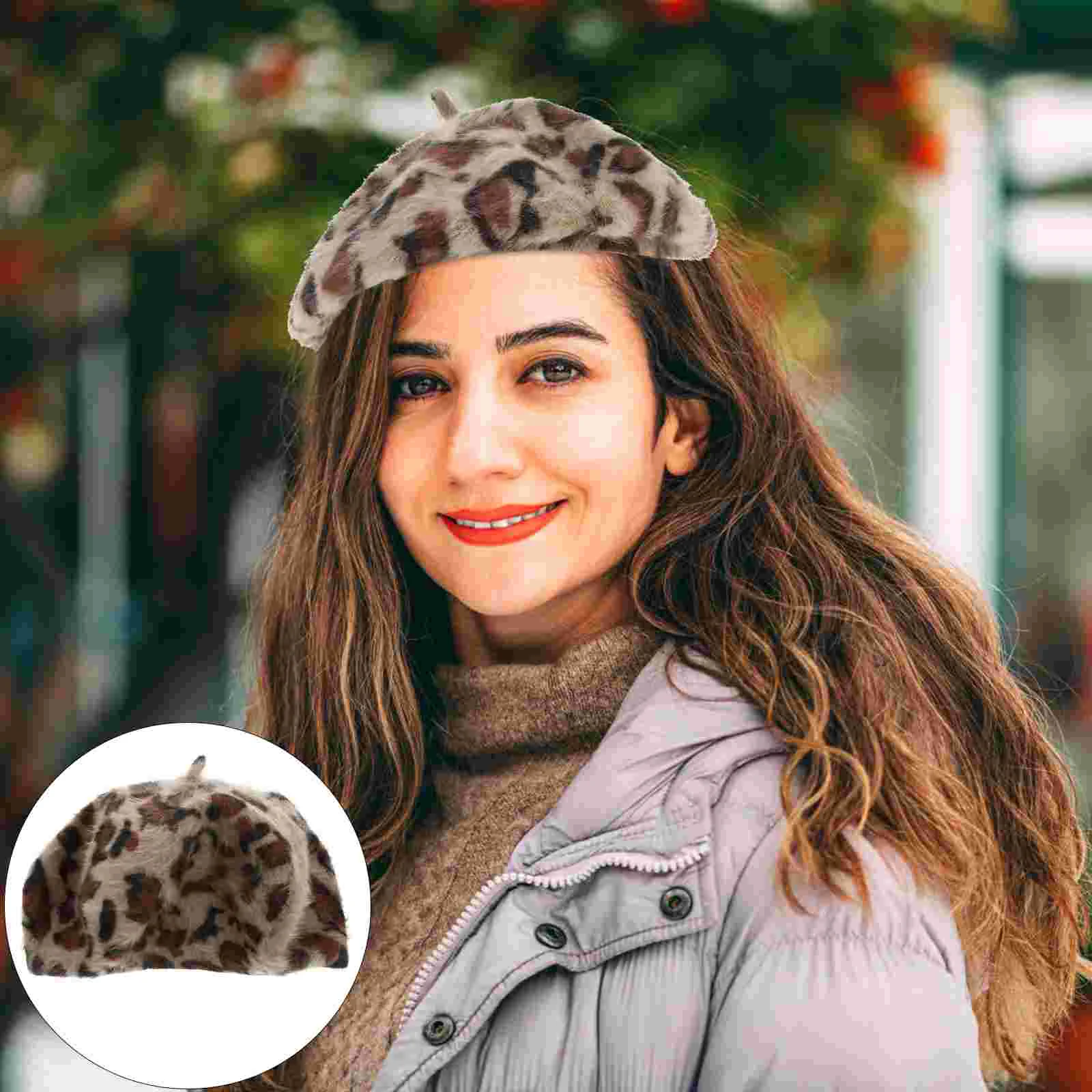 

Women Fashion Rabbit Hair Beret Hat Autumn Leopard Printed Female Hat
