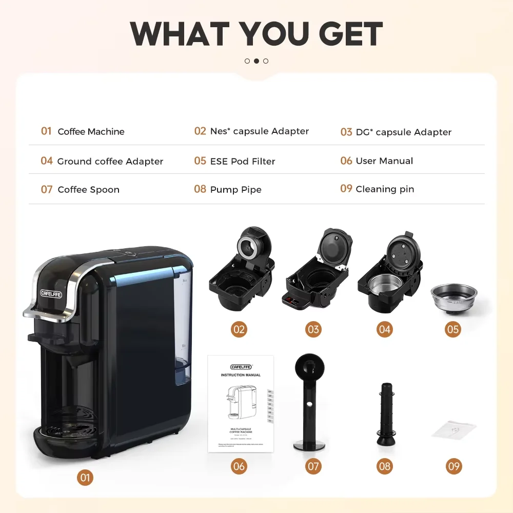 Appareil à café à extraction à chaud et à froid, pour une seule tasse, machine à expresso compacte compatible avec les dosettes Nespresso, Dolce Gusto, les dosettes ESE et le café moulu, idéal pour un usage domestique ou en milieu de travail, CAFELFFE MK‑6O3. 1