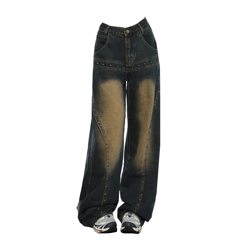 

Jeans Women Autumn New American Vintage Washed Old High Street Design Loose Straight Leg Pants Wide Leg Denim Pants