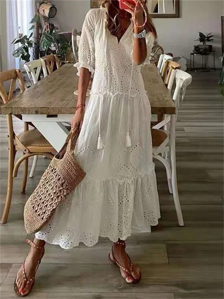 Wmstar Dress Women Fashion Solid V Neck Maxi Long Dresses Sweet Elegant New in Summer Clothes Wholesale Dropshipping 2023