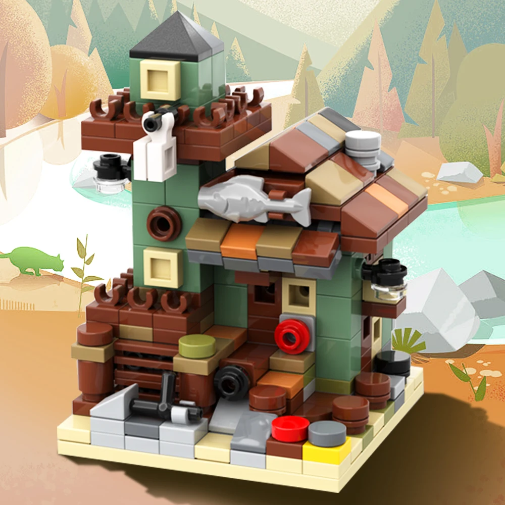 Gobricks Moc Mini Modular 21310 Old Fishing Store Building Block Set River Side Fishing Boat Model Education Brick Toys For Kids