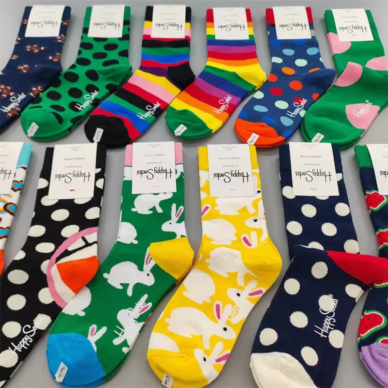 HAPPY SOCKS Size 36-40 Adult Women's Personality Four Seasons Thick Mid-tube Socks Artistic Color Polka Dot Pure Cotton Socks womens socks
