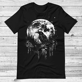 Heavenly Crow T-shirt, Moon Gothic Style Clothing, Forest Crow Alternative Witchy Pattern T-shirt, Vintage Street Style Women's 1